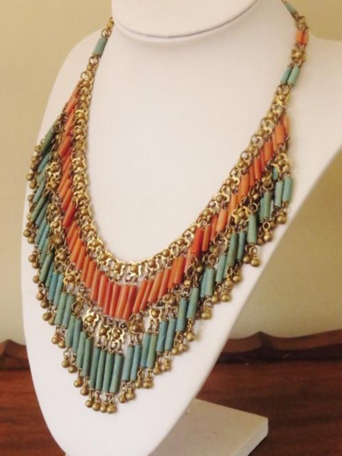 Vintage Art Deco Egyptian revival brass and Egyptian faience bib necklace