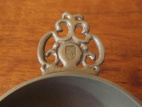 Vintage European pewter double handled porringer bowl on a raised foot