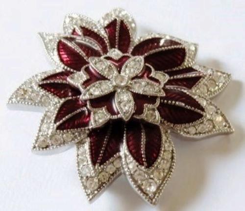 Vintage flower brooch pin signed 'Monet' with clear rhinestone and deep red enamel