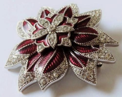 Vintage flower brooch pin signed 'Monet' with clear rhinestone and deep red enamel