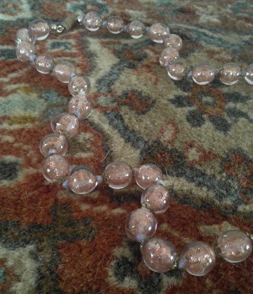 Vintage Venetian Murano Italian Art dusty pink glass bead necklace with brass end caps