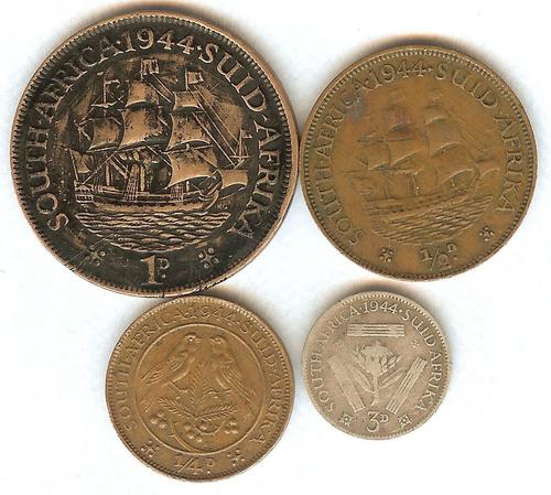 1944 SA UNION 1d PENNY, 1/2d HALF PENNY, 1/4d FARTHING AND 3d THREE PENCE