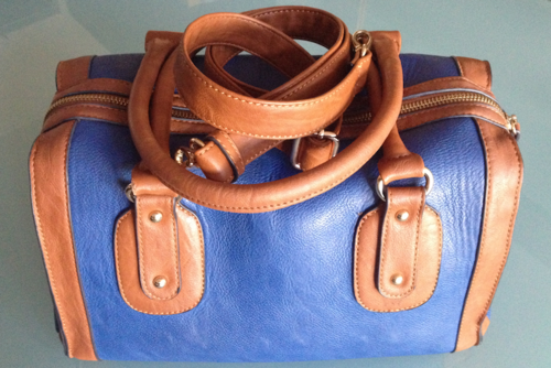 leather aldo barrel bag - blue + tan