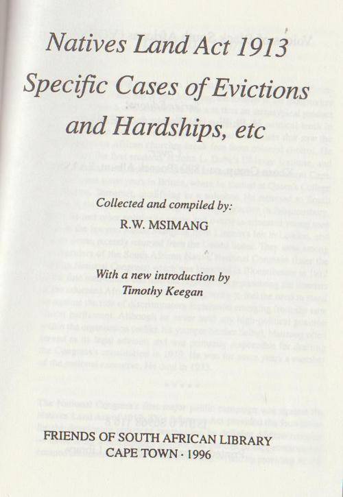Africana Books Natives Land Act 1913 Cases Of Evictions Etc was listed for R120.00 on 30 Jan