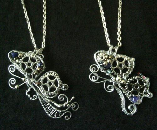 Steampunk Butterfly necklace pendants, fine wire weaving by fern in South Africa