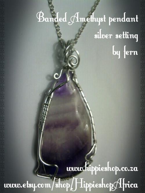 Banded Amethyst Pendant  set in silver with chain, hand made by fern