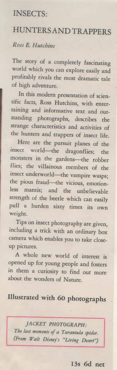 Reference INSECTS HUNTERS AND TRAPPERS ROSS E HUTCHINS (1962) for