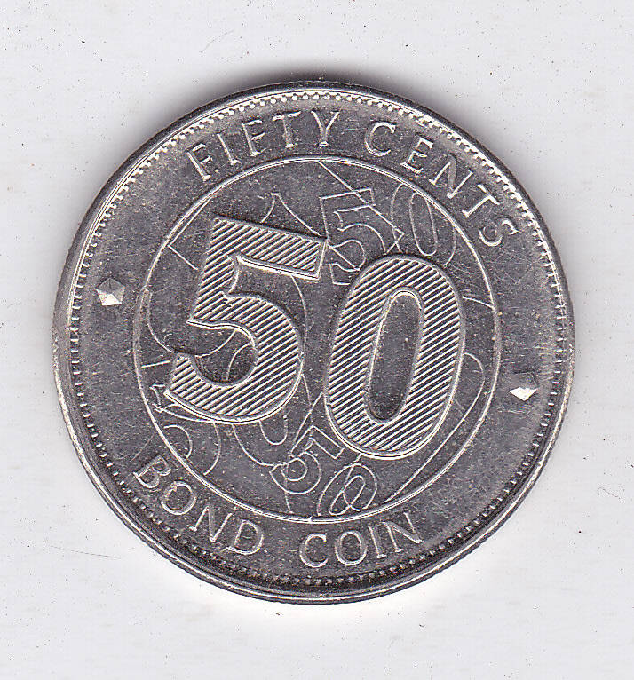 Africa ZIMBABWE 50 CENTS BOND COIN 2014 EF was sold for R14.50 on 18