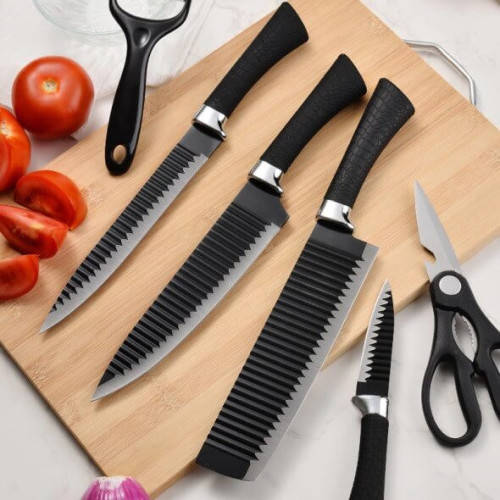 Knives 6 Piece Corrugated Kitchen Daily Sharp Knife Set Black Chef