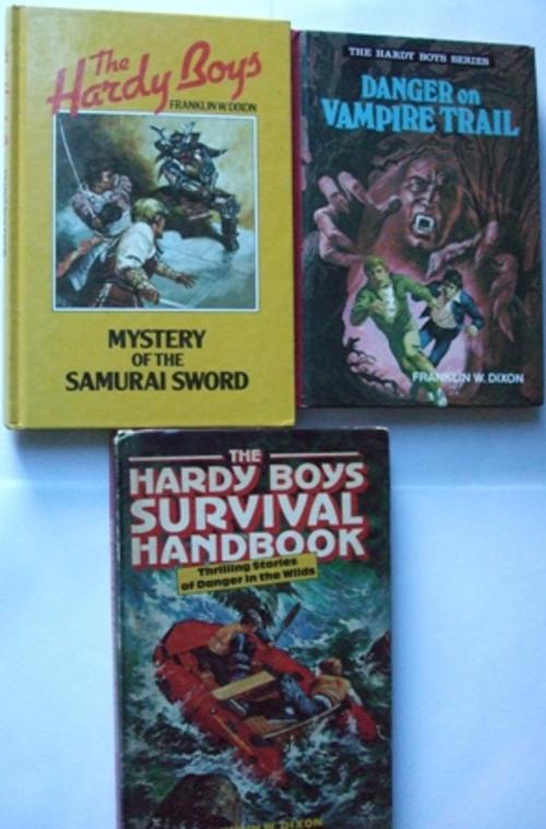 3 Hardy Boys Books Franklin W Dixon 7 thrilling adventures Survival Handbook The Hardy Boys Mystery of the Samurai Sword Danger on Vampire Trail hard cover hardcover book books reading read reader library Antique old well known famouse old days adventure mystery fantasy fiction read soft cover pages writer author story stories novel famous well known best award winning pages bargain low price cheap auction special specials closing soon bid buy now auction must have gift present collection collector item birthday christmas reader wacky wednesday snap friday crazy tuesday weekend second hand great wow amazing wonderful must have collect 
