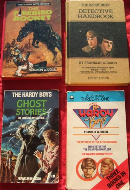 4 Hardy Boys Books Frank and Joe Hardy fictional characters various mystery series for children and teens.  The characters created by Edward Stratemeyer, the founder of the Stratemeyer Syndicate, a book-packaging firm written by  published Franklin W Dixon characters popular additional volumes adventures  fictional teenage brothers and amateur detectives.  adventure and action atmosphere of mystery and intrigue  Ghost Stories three 3 In One: Mystery of Aztec Warrior Mystery of Disappearing Floor & The Wailing Siren Mystery The Firebird Rocket Detective Handbook  age ages 8 to 14 years stories Good Condition child children story boys boy series reeks four reading read literature book books pages library fun imagine imagination hardcover softcover binding bind author writer sale bargain bulk low price must go last stock clearance gift present birthday christmas crazy tuesday wacky wednesday snap friday special weekend auction closing soon collect collection collectors edition old second hand young ones little kid kids 