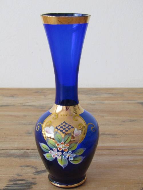 Vases Stunning vintage Gilt and Enamel dark Blue glass Vase