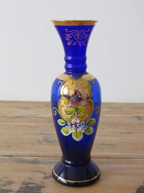 Vases Stunning vintage Gilt and Enamel dark Blue glass Vase