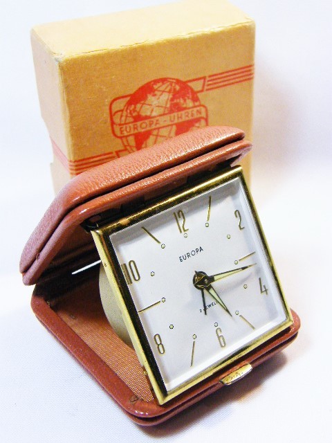 Vintage Europa 2 Jewels bedside alarm clock in original box - working - missing 2 screws at hinge