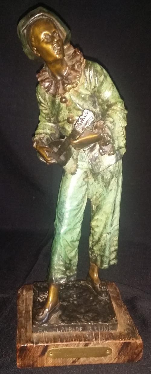 Bouret, Statuette, clown with mandolin, bronze, art, 