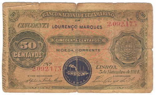 1914 Lourenco Marques 50 centavos with counterfoil - Steamship with one stack - Well used but scarce