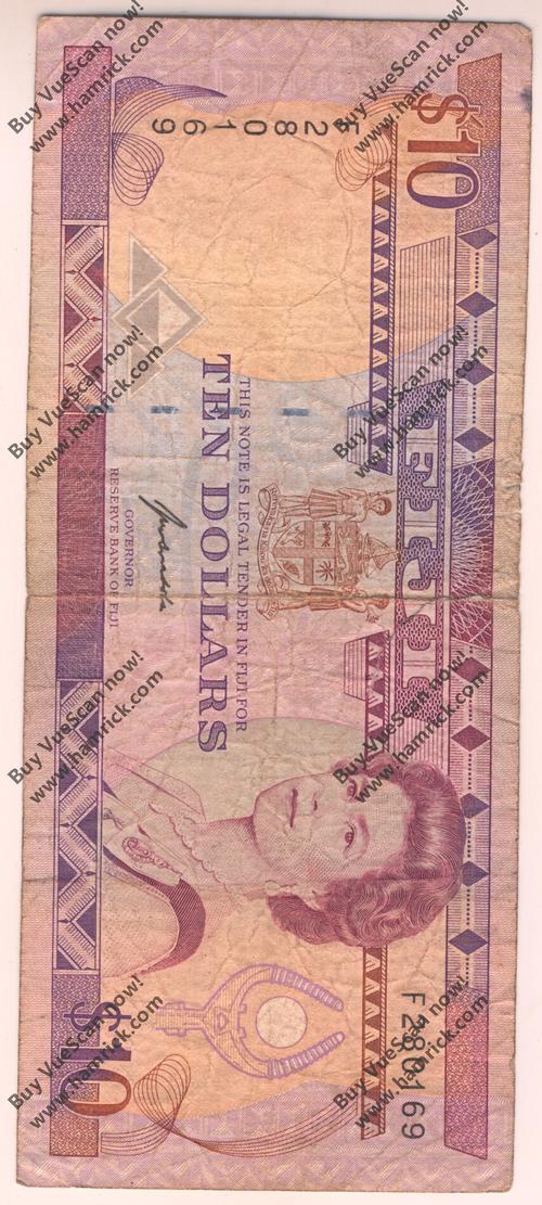 Fiji 1968 QE2 10 Dollars 2 cm tear in the top - as per scan
