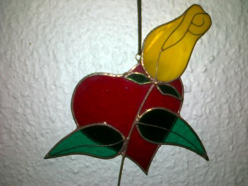 Unique Handmade Yellow Rose & Red Heart Stained Glass