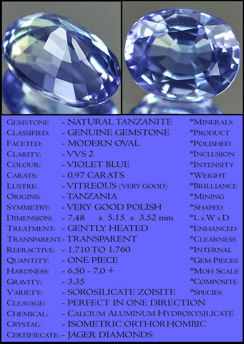 0.97 CT TANTALIZING CLEAN VIOLET BLUE TANZANITE, A NATURAL LUSTROUS OVAL POLISHED GEMSTONE.