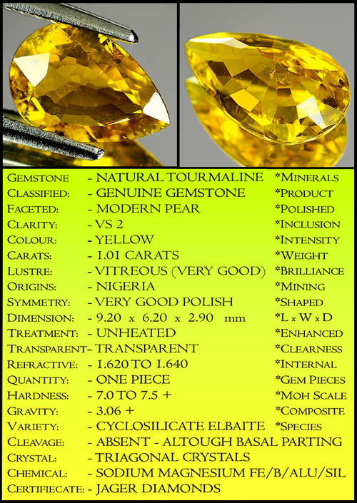 1.01CT TOURMALINE [VS] LUSTREOUS NATURAL YELLOW PERFECTLY POLISHED PEAR GEMSTONE.