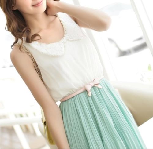 *Fashion Tokyo* Flora Collar Chiffon Pleated Dress-Pastel Green