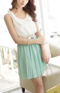 *Fashion Tokyo* Flora Collar Chiffon Pleated Dress-Pastel Green