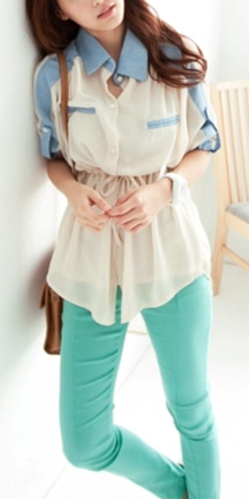 *Fashion Tokyo* High-low Double Colour Chiffon Shirt-Almond