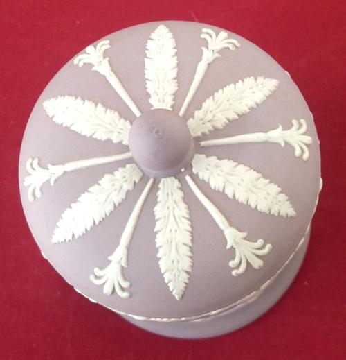 Wedgwood Jasperware White on Lilac Jar with Vase - top of lid