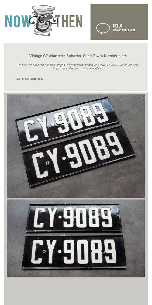 Road VINTAGE EMBOSSED CY NUMBER PLATES CAPE TOWN DURBANVILLE