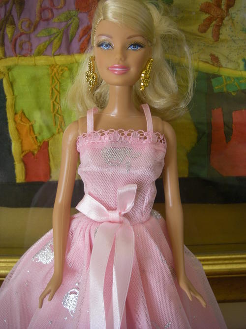 dress 13 barbie doll dress ballgown baby pink apple pattern silver ribbon bow, clothes