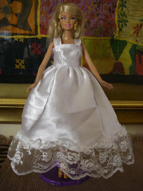 barbie doll off white satin wedding dress with lace frills