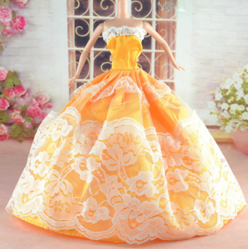 bright orange satin lace barbie doll dress ball gown clothes