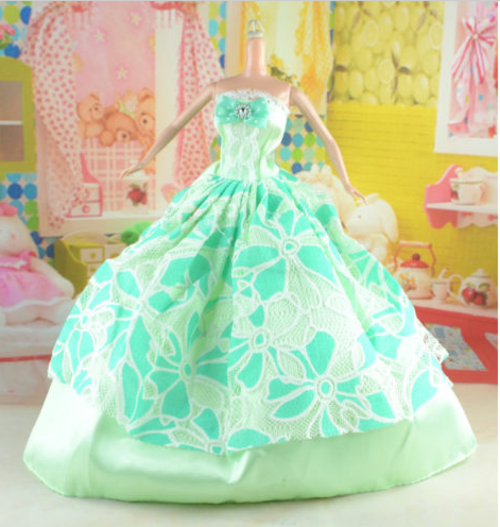 green satin lace barbie doll dress ball gown clothes
