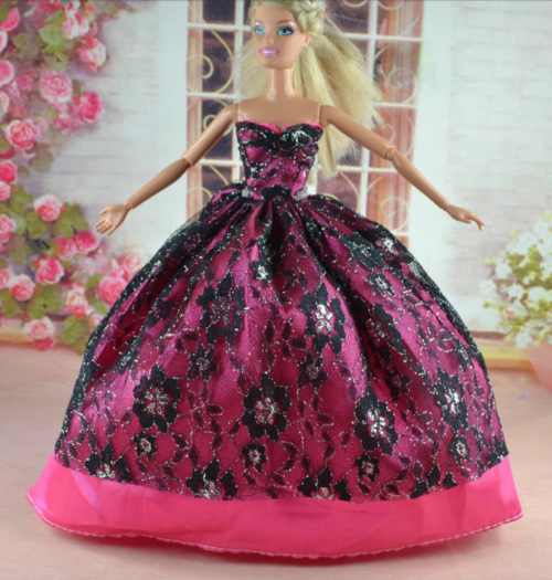 bright pink and black silver lace barbie doll dress ball gown clothes