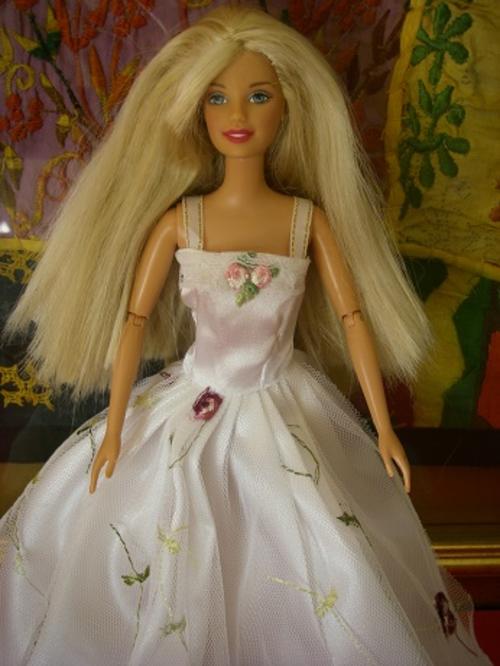 barbie doll wedding dress with florals roses vines sating lace clothes formal garden party 