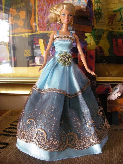 blue satin lace gold embroidery evening designer ball gown formal wear clothes barbie doll
