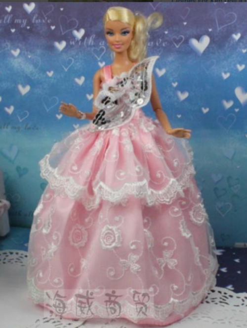 pink lace satin Barbie doll dress ball gown clothes evening wear formal sequence