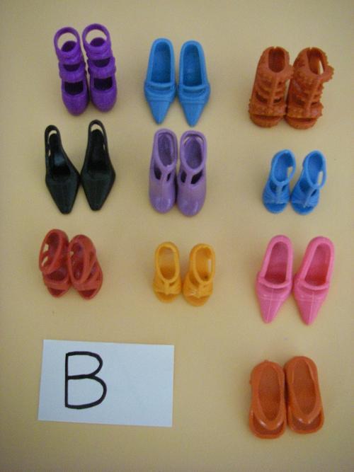 Barbie doll shoes, boots, slops strappy ankle sandals, purple, blue,black, red, orange, pink, red