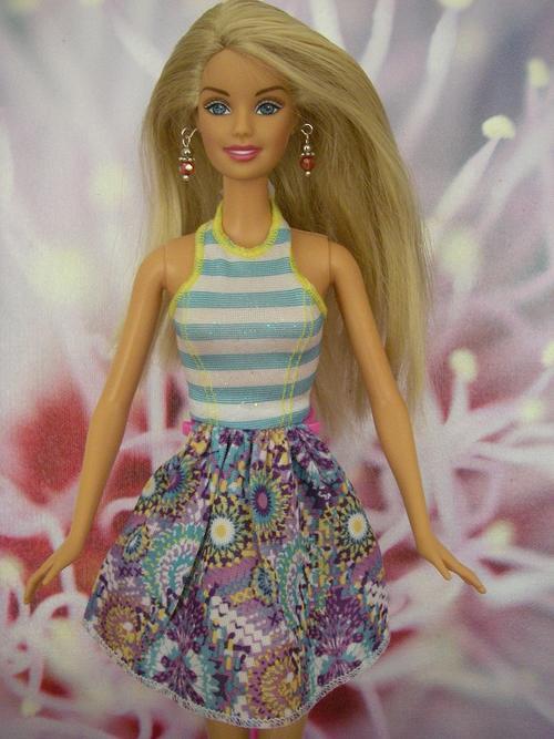 barbie doll casual short dress summer clothes blue white stripes purple flared skirt