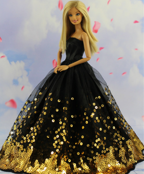 black satin gold sequence barbie doll clothes dresses ball gowns evening wear formal vintage