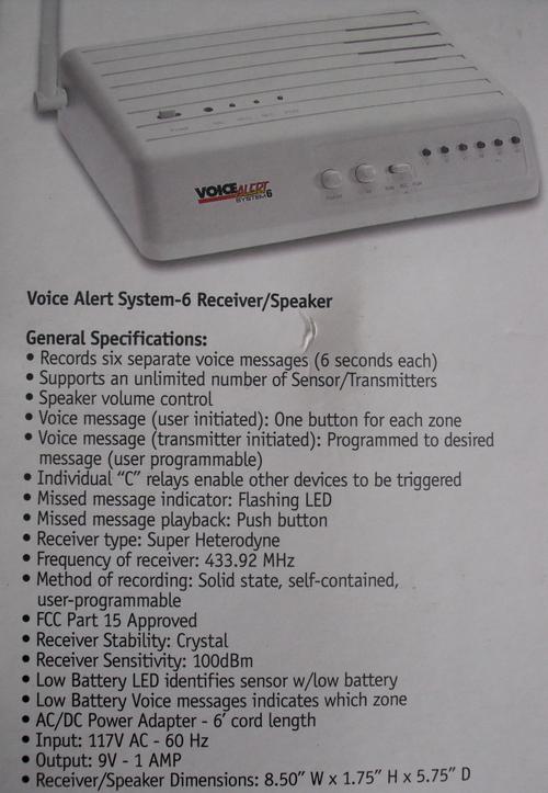 Voice Alert System-6 Receiver/Speaker Specifications