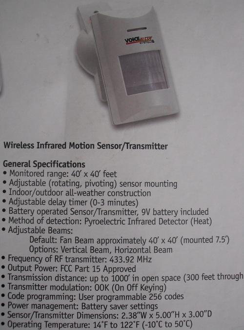 Wireless Infrared Motion Sensor/Transmitter Specifications