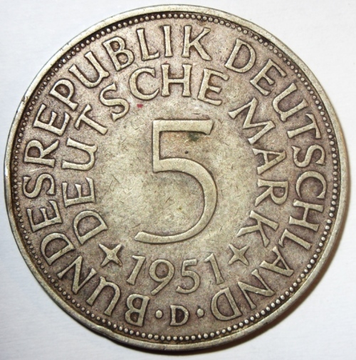 1951 D 5 Deutsche Mark Coin, German, Germany