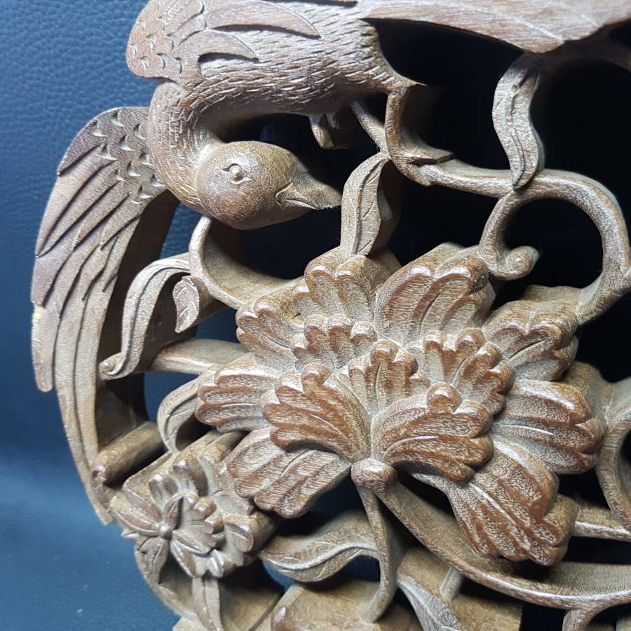Oriental - RARE!!! Large Detailed Oriental Wood Carving With Bird and
