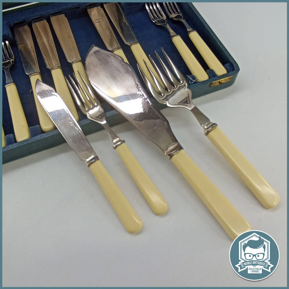 Cutlery Vintage Boxed Bone Handled English Silver Plate Fish Serving