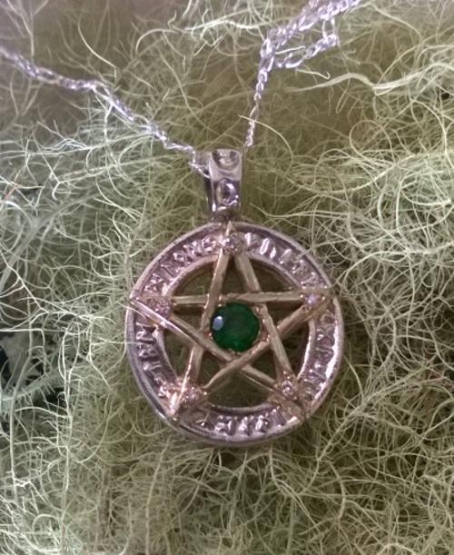 Sterling Silver and 9ct Gold Pentacle Pendant with Diamonds and Green Agate
