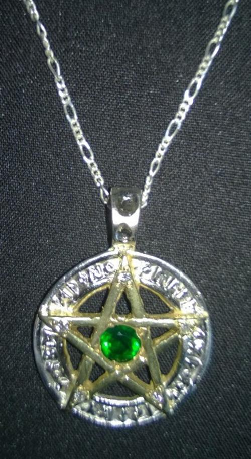 Sterling Silver Pentacle Pendant with Diamonds and Green Agate