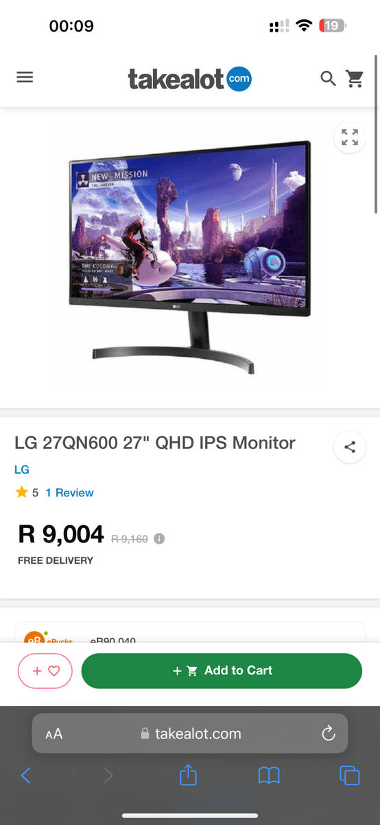 Monitors LG 27QN600 27 in QHD Monitor New was sold for R3,809.00 on
