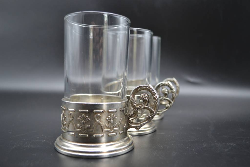 Silver Antique! Italian Solid 800 Silver Tea/Coffee Glass Holder Set