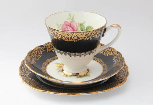 Imperial black and gold with rose fine bone china tea trio